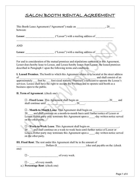 Hair Salon Booth Rental Agreement Template Free