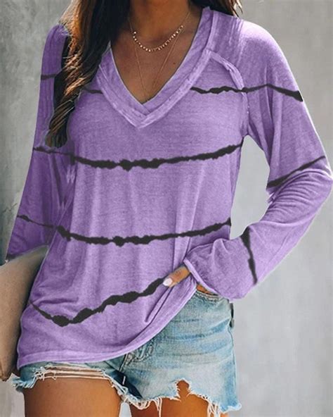 Stripe V Neck Long Sleeves Casual T Shirts In 2021 Long Sleeve Casual