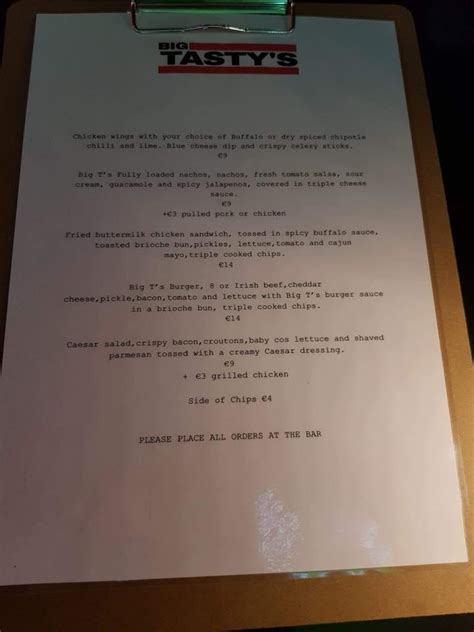 Menu At Pillar Bar Dublin Westmoreland Street