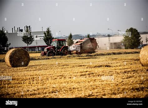 Harvest Harvesting Straw Bales Field Tractor Stock Photo Alamy