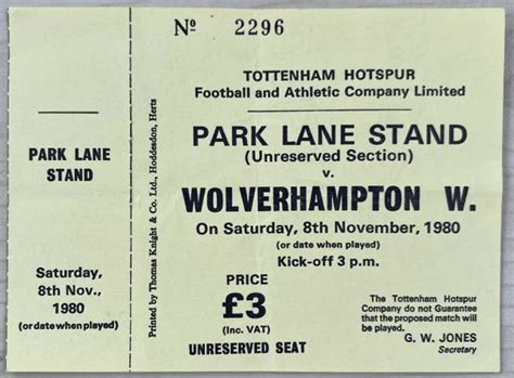 Original Division One Ticket Tottenham Hotspur V Wolverhampton