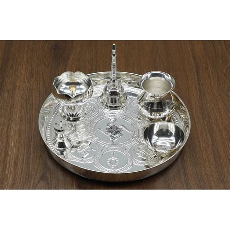 Indian Art Villa Silver Plated Puja Thali Set With Shine Finish Design