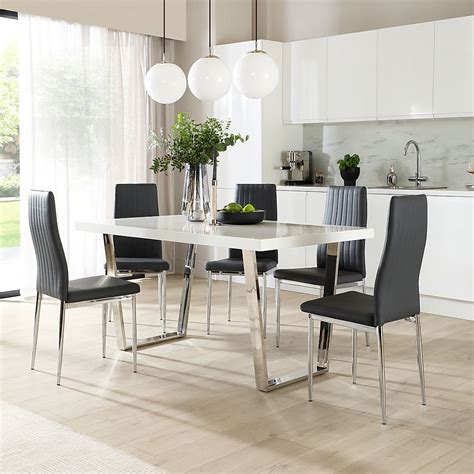 Milento Dining Table Leon Chairs White High Gloss Chrome Grey