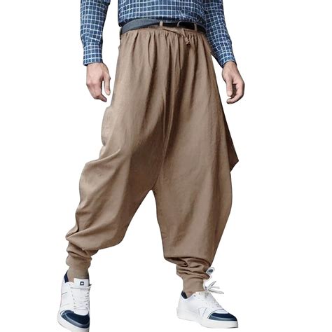 Haxmnou Men Plus Size Retro Cotton Linen Casual Harem Pants Solid Color