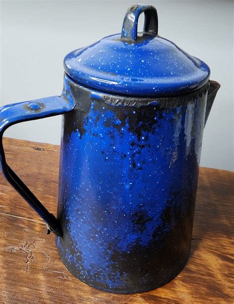 Vintage Dark Blue Speckled Graniteware Coffee Pot With Percolator Etsy