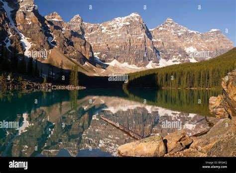 Moraine Lake And Valley Of The Ten Peaks From Rock Pile Early Morning