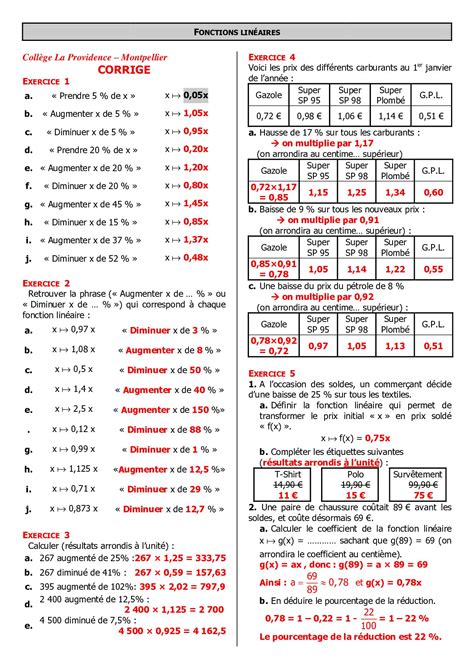 Utilisation des fonctions linéaires pour les pourcentages Corrigés d