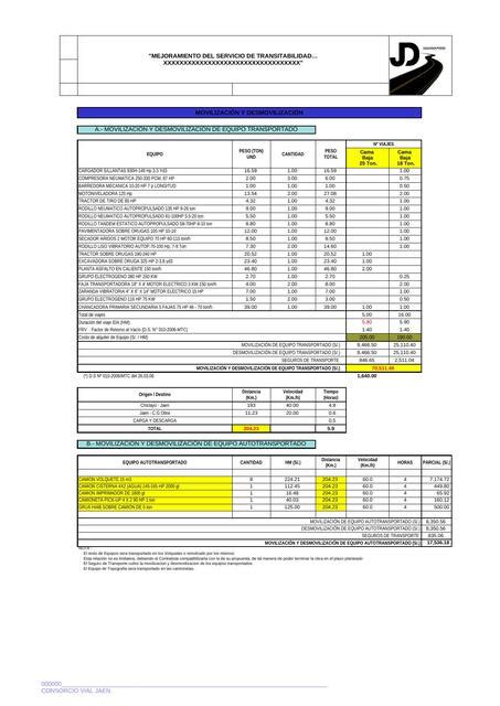 Calculo De Movilizaci N Y Desmovilizaci N De Equipos Jose Ccosi Udocz