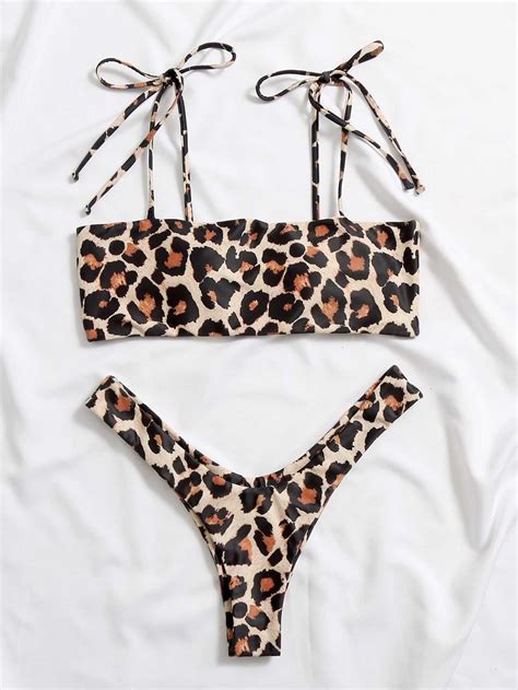 Leopard Tie Shoulder High Leg Bikini Swimsuit Select And You