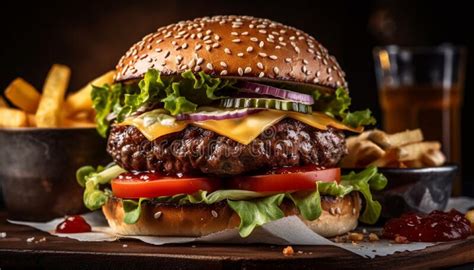 Grilled Gourmet Cheeseburger Meal with French Fries Generated by AI Stock Image - Image of ...