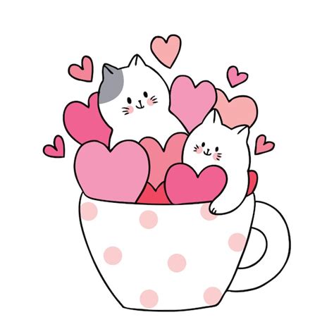 Dibujos Animados Lindo Día De San Valentín Gatos Blancos Y Muchos Corazones En La Taza De Café