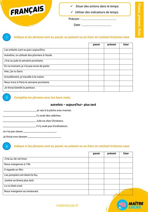 Exercices Passé présent futur pour CP et CE1 Maître Lucas