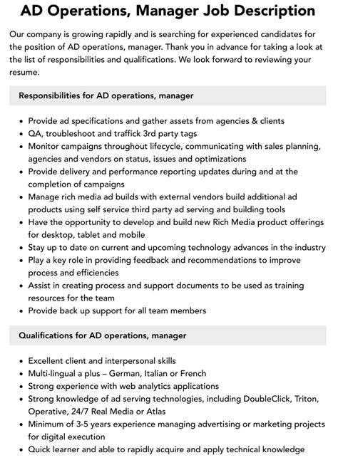 Ad Operations Manager Job Description Velvet Jobs