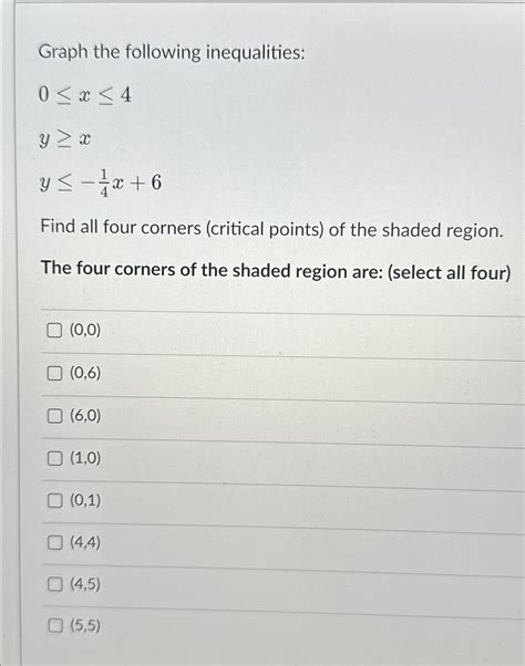 Solved Graph the following inequalities:0≤x≤4y≥xy≤-14x+6Find | Chegg.com