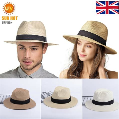 Upf 50 Womens Mens Wide Brim Straw Panama Hat Fedora Summer Beach