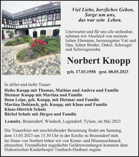 Traueranzeigen Von Norbert Knopp Trauer In Thueringen De