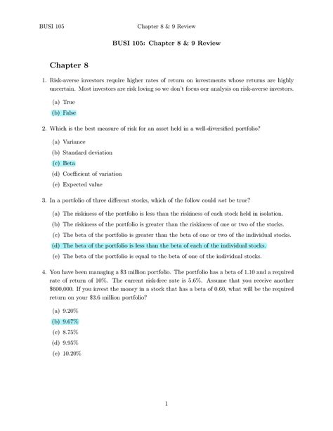 FM Ch8 And 9 Review BUSI 105 Chapter 8 9 Review Chapter 8 Risk