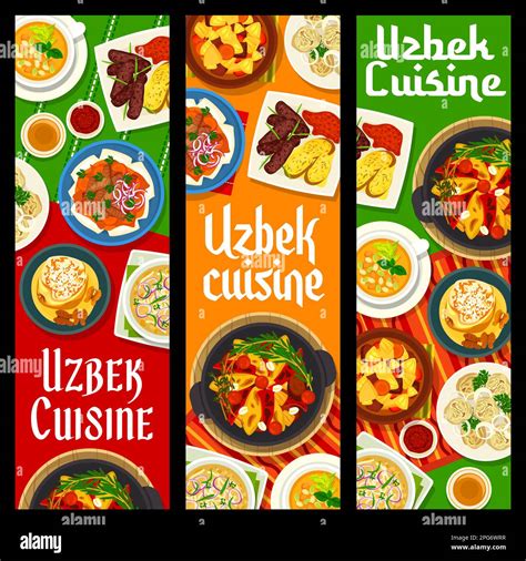 Uzbek Cuisine Meals Banners Food Dishes And Meals Vector Lunch And Dinner Central Asian Or