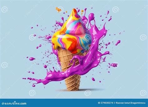 Illustration Showcasing An Ice Cream Cone With Vibrant Colors Melting Into A Creative Splash