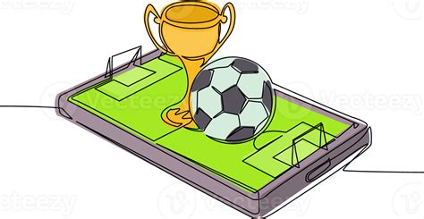 Single Continuous Line Drawing Soccer Ball And Trophy Cup Over Virtual