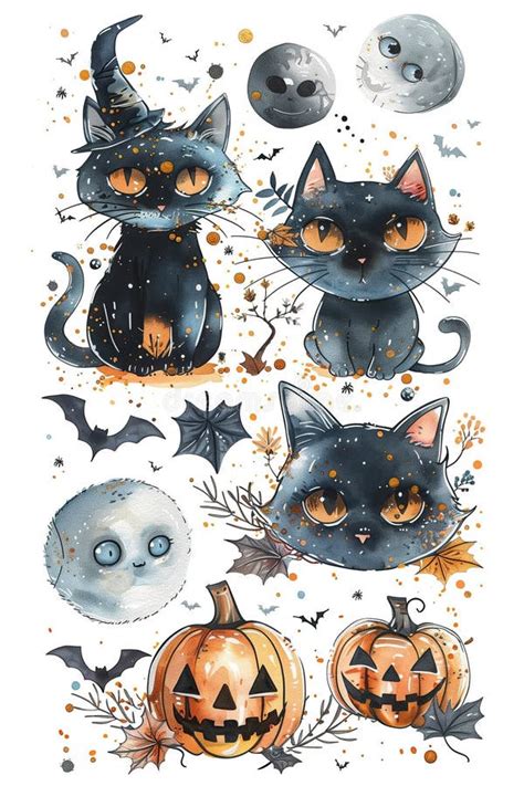 Cute Creepy Halloween Sticker Pack Design Scary Pumpkins Black Cats