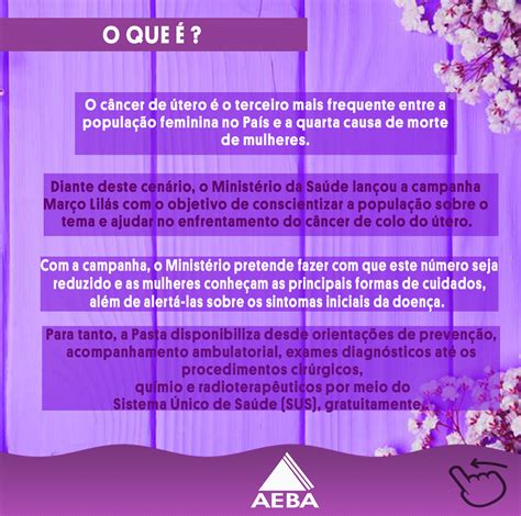 Campanha AEBA Março Lilás alerta para o Câncer no colo do Útero