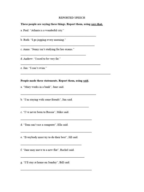 Reported Speech Exercises Pdf