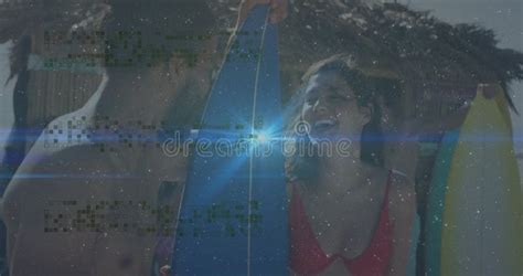 Holding Surfboard With Digital Data Overlay Woman In Red Bikini At Beach Stock Footage Video