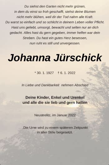 Traueranzeigen von Johanna Jürschick Trauer Nordkurier