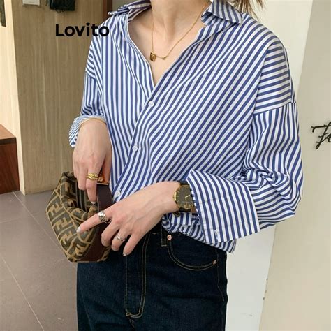 Lovito Casual Striped Button Front Blouse For Women Lna Blue