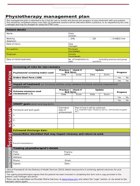 Physiotherapy Management Plan Management Plan Physiotherapy