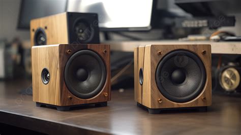 Two Wooden Speakers On A Desk Background Picture Of Speakers