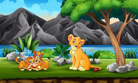 Lion family playing n the jungle 5952092 Vector Art at Vecteezy