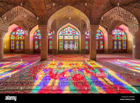 nasir al mulk mosque  shiraz iran    pink mosque stock