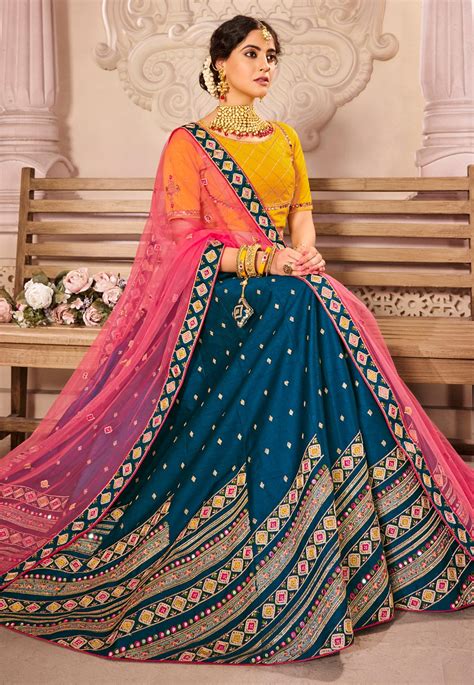 Navy Blue Silk Mirror Work Lehenga Choli