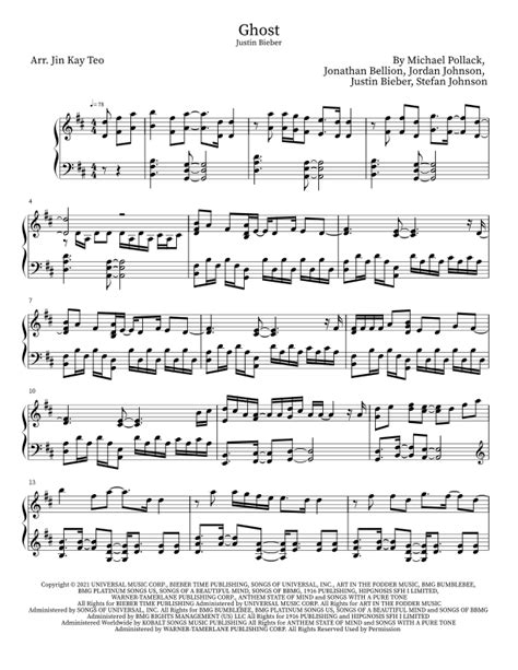 Ghost Arr Jin Kay Teo By Justin Bieber Sheet Music For Piano Solo At Sheet Music Direct