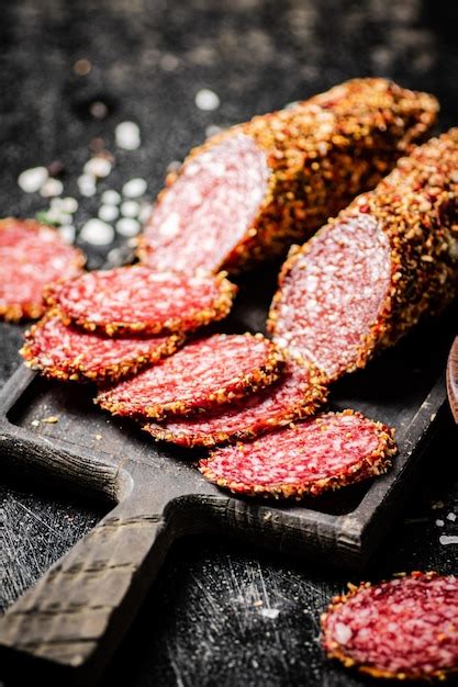 Salchicha De Salami En Rodajas Sobre Una Tabla Para Cortar Con Especias