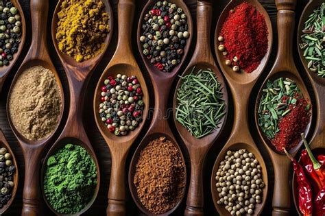 wooden spoons   kinds  spices   stock illustration illustration
