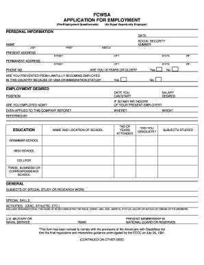 Fillable Online Fcwsa Fcwsa Application For Employment Preemployment