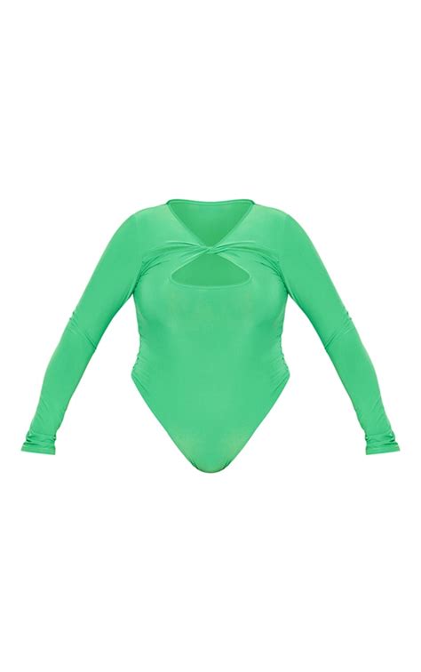 Plus Bright Green Slinky Cut Out Bodysuit Prettylittlething