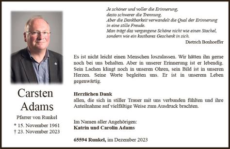 Traueranzeigen Von Carsten Adams Vrm Trauer De