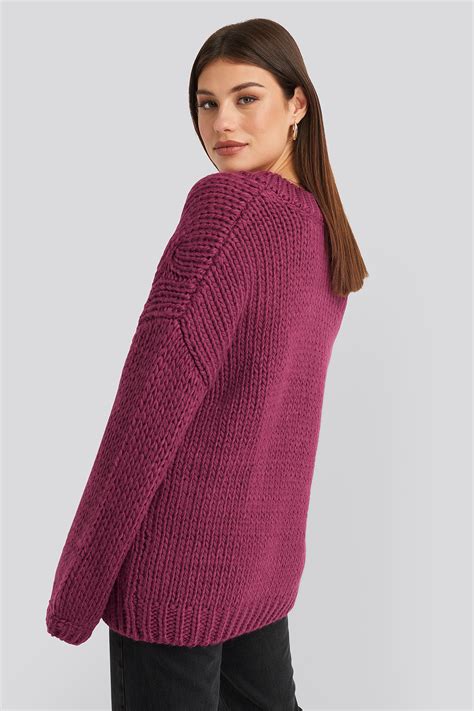 Wool Blend V Neck Heavy Knitted Cable Sweater Purple Na