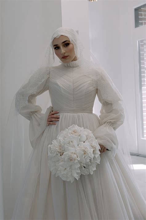 Muslim Wedding Dress High Neck Puffy Long Sleeves Tanya Bridal