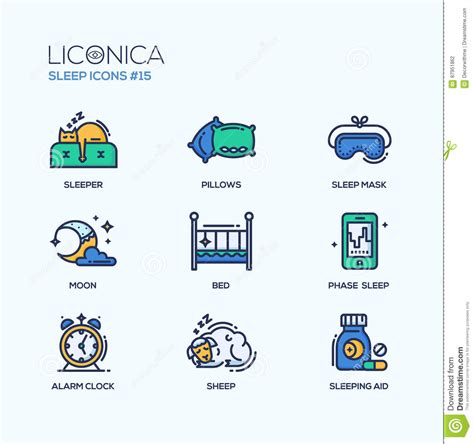 Sleep Coloured Modern Single Line Icons Set Stock Vector