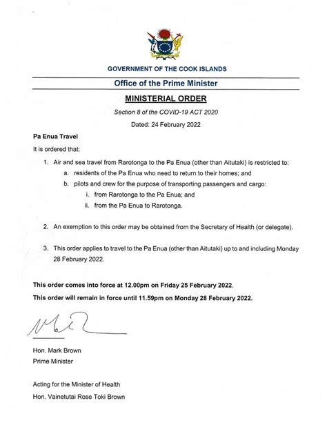 Ministerial Order 24 February 2022 Te Marae Ora Cook Islands Ministry