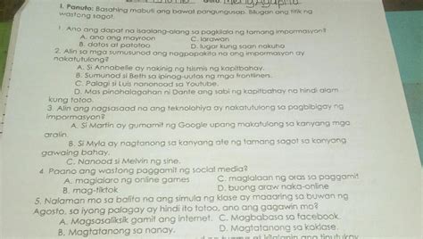 Panuto Basahing Mabuti Ang Bawat Pangungusap Bilugan Ang Titik Ng