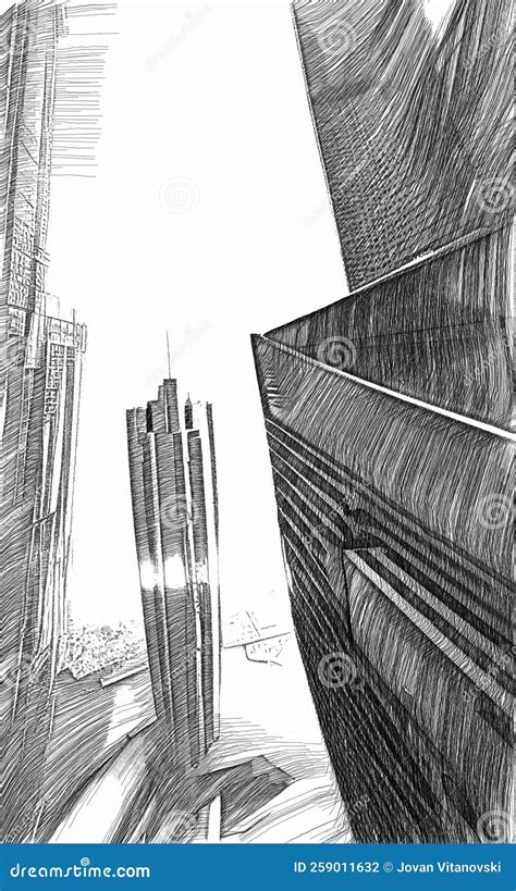 Drawings Sketch Of Futuristic City Skyscrapers Stock Illustration