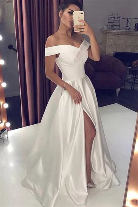 Simple Ivory Satin A Line Off The Shoulder Prom Dresses With Side Slit