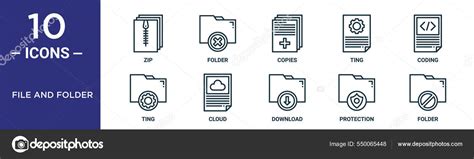 File Folder Outline Icon Set Includes Thin Line Zip Copies Stock Vector