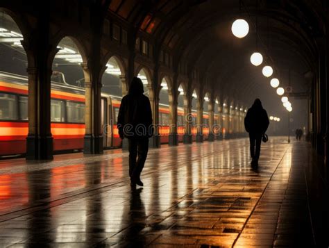 Two People Walking in a Train Station at Night Stock Illustration ...